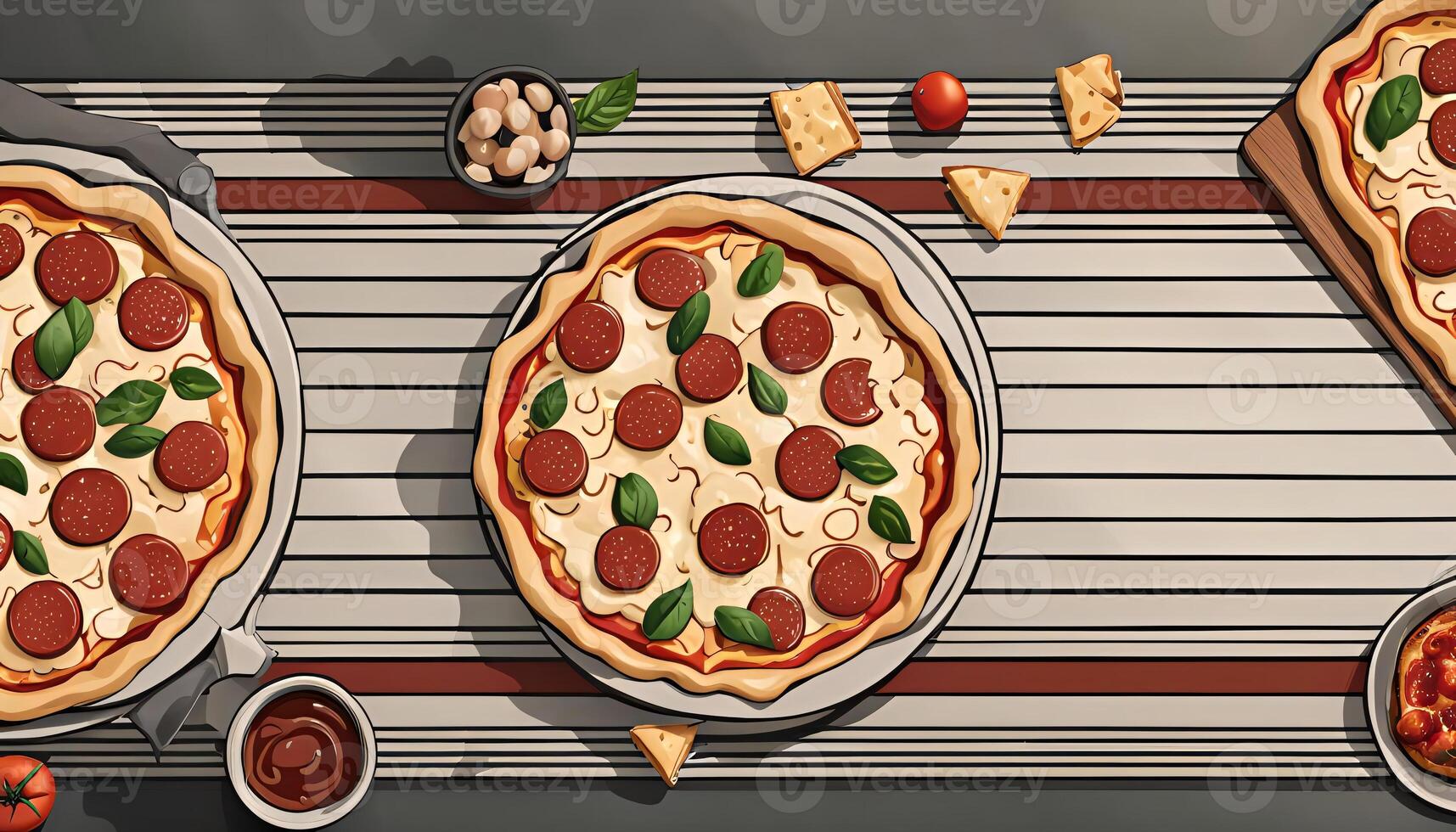 Delicious Pizza Feast on a Tablecloth photo