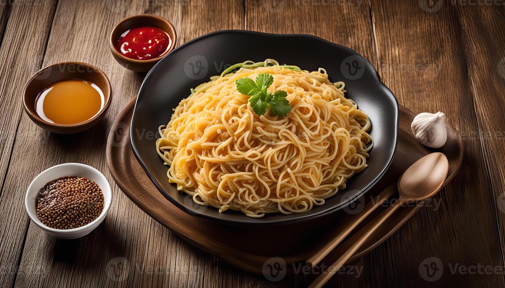 Delicious Plate of Noodles with Condiments photo