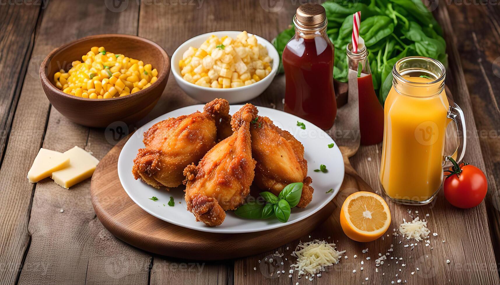Fried Chicken Meal with Sides and Drinks photo