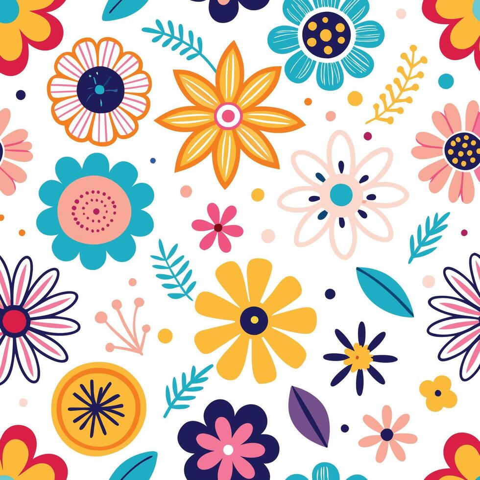 floral seamless pattern with colorful flowers and leaves vector