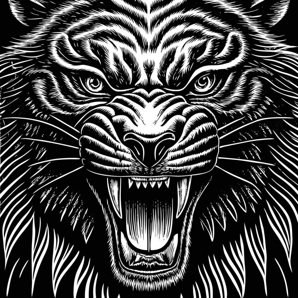a black and white tiger head with its mouth open vector