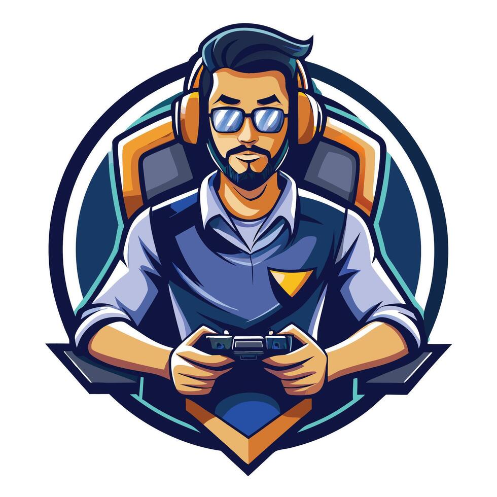 a man with glasses and a headset holding a controller vector