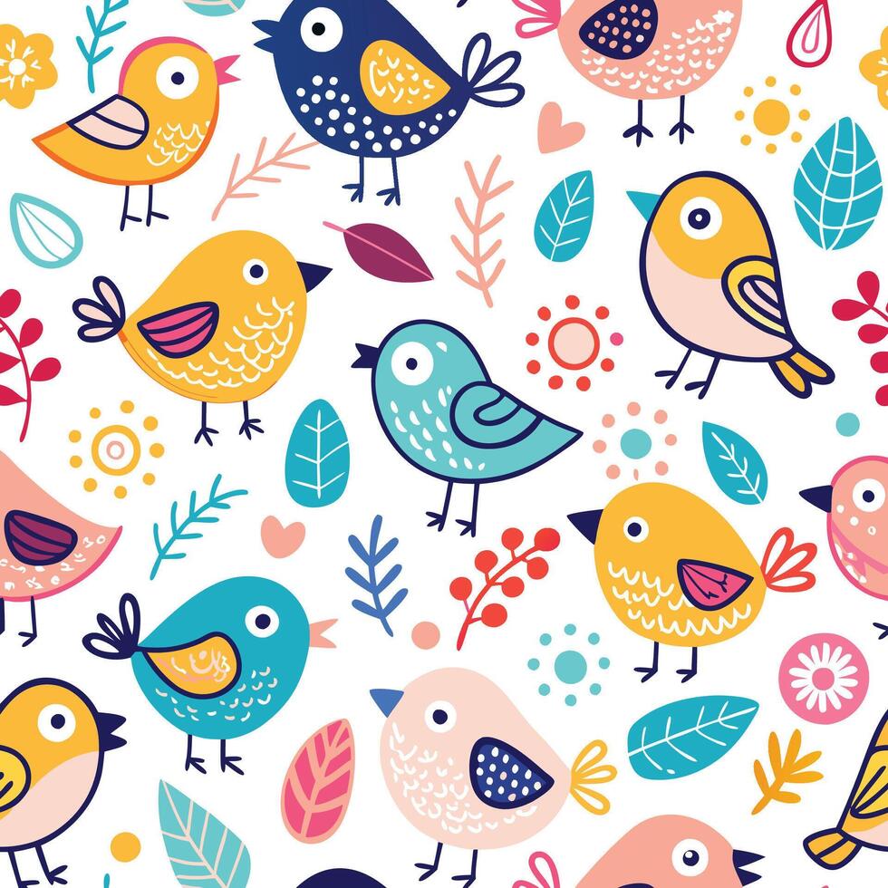 seamless pattern with colorful birds and leaves vector