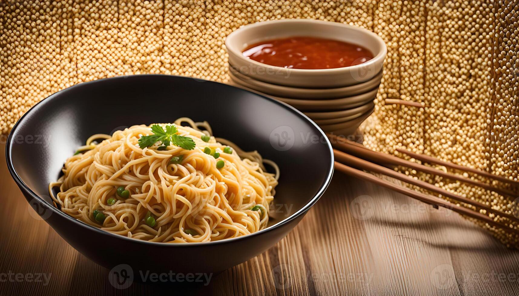 Chinese Noodles with Sauce and Chopsticks photo