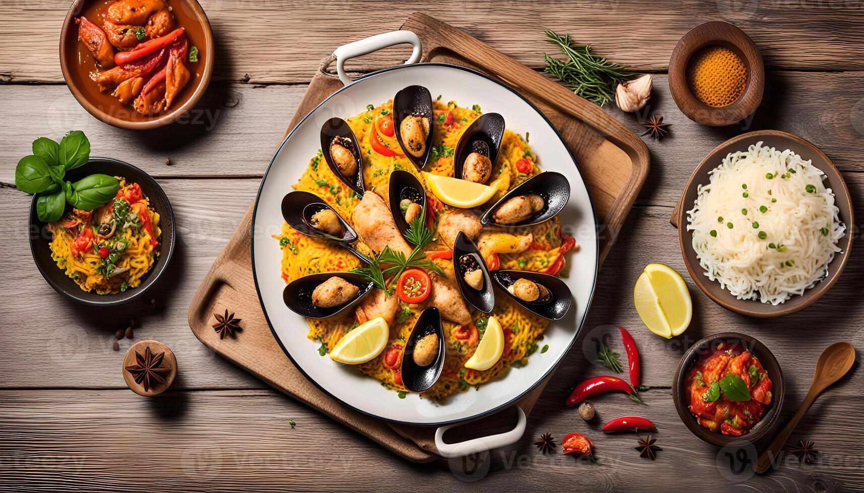 Delicious Seafood Paella with Mussels, Chicken, and Saffron Rice photo