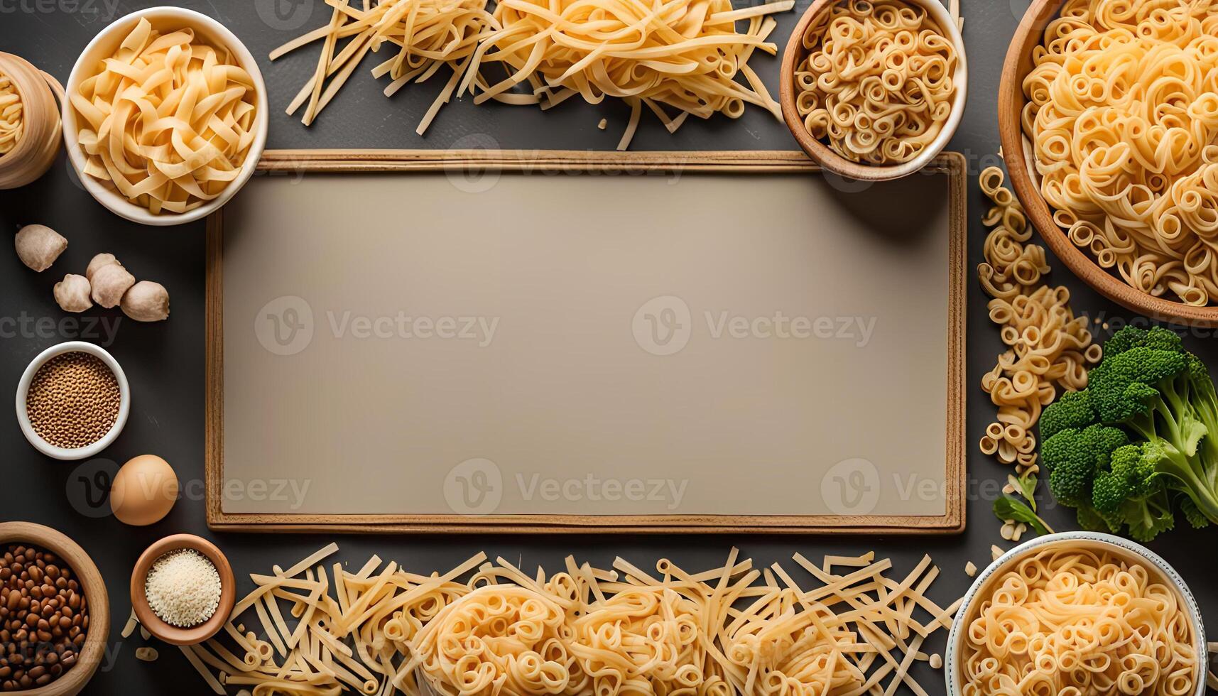 Pasta and Ingredients Surrounding Blank Slate photo