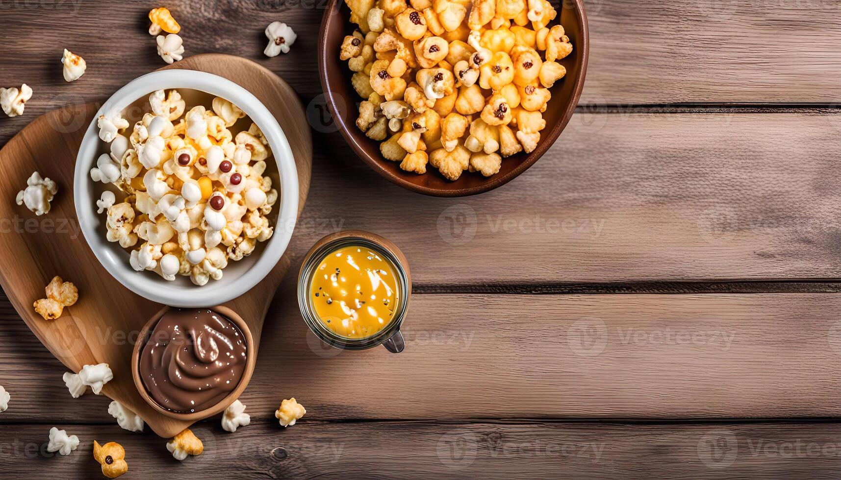 Popcorn, Chocolate, and Mango Sauce on a Wooden Table photo