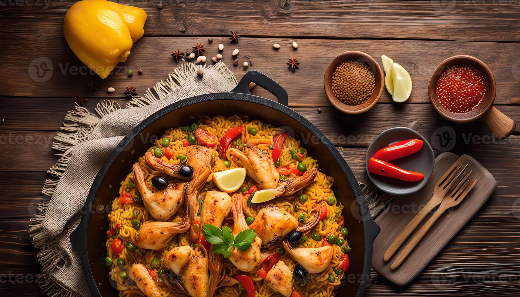 Delicious Paella Dish with Chicken and Seafood photo