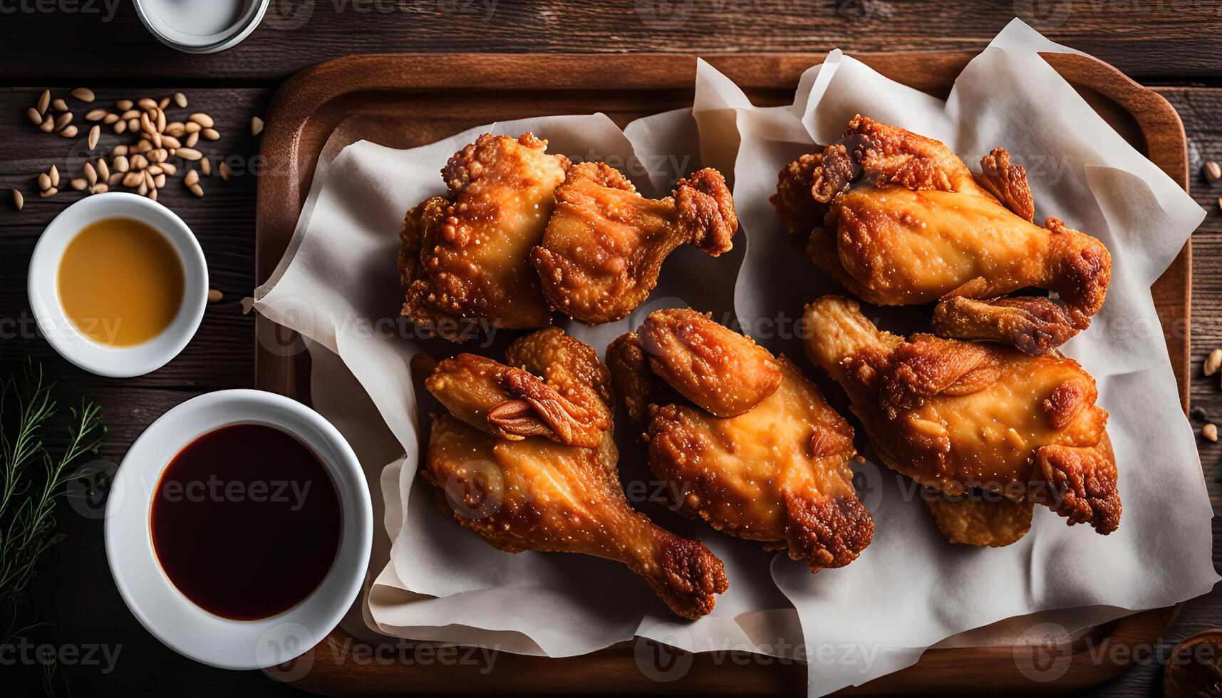 Crispy Fried Chicken on a Wooden Tray photo