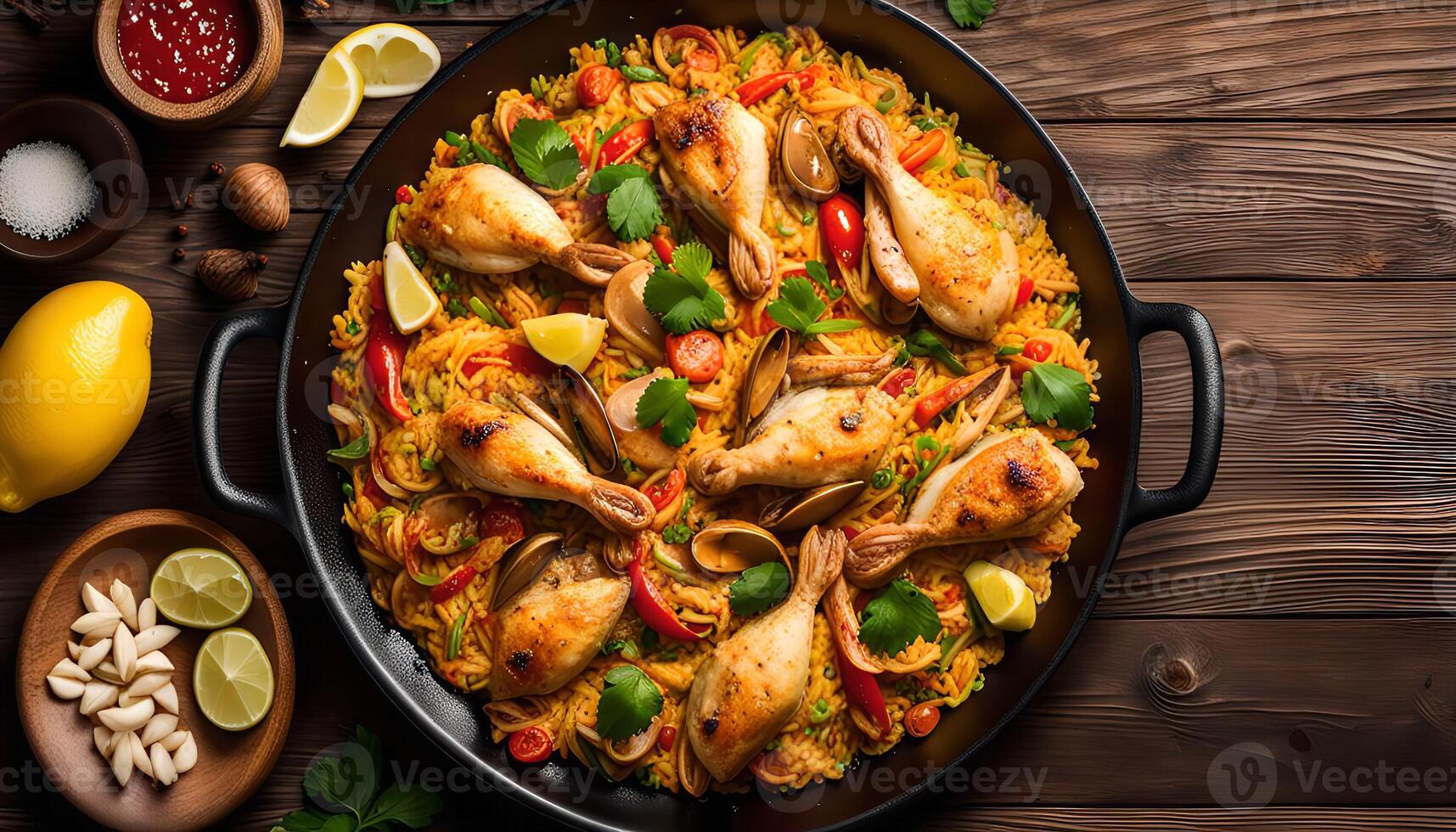 Spanish Paella with Chicken and Seafood photo