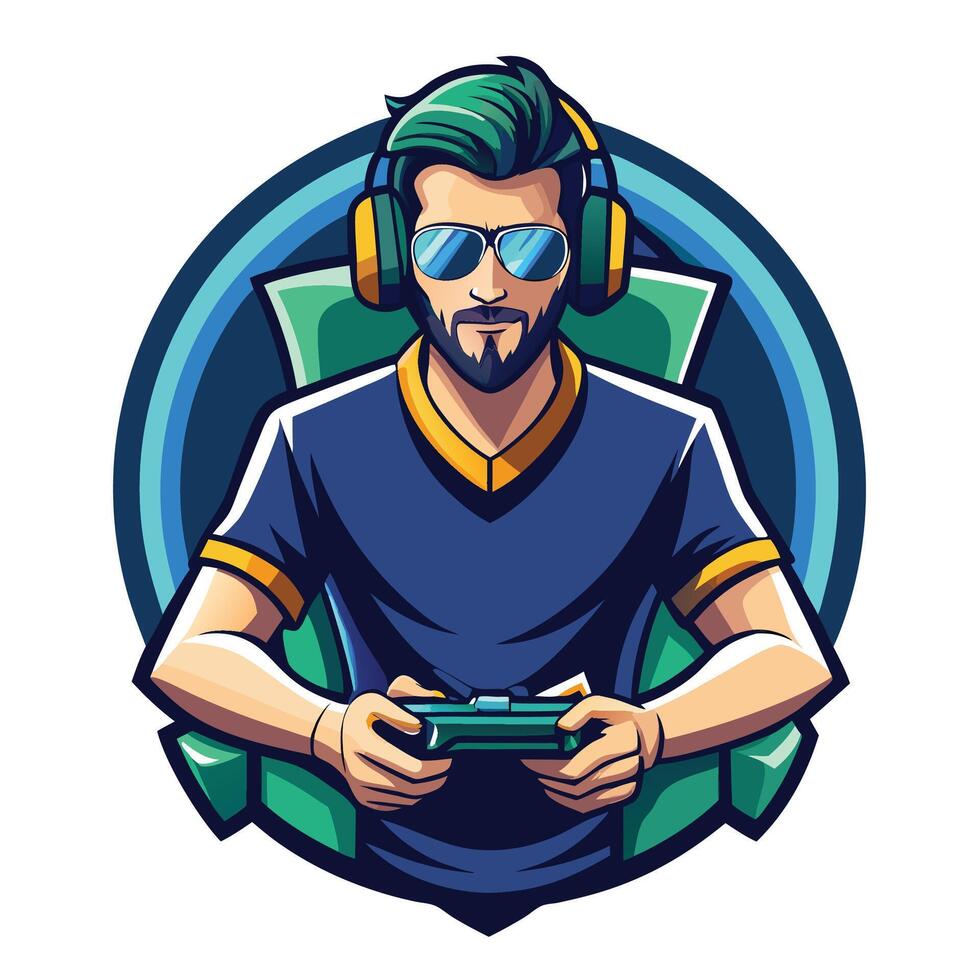 a man with glasses and a beard playing games vector
