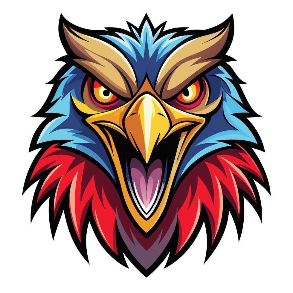 an angry eagle head with a red and blue feather vector