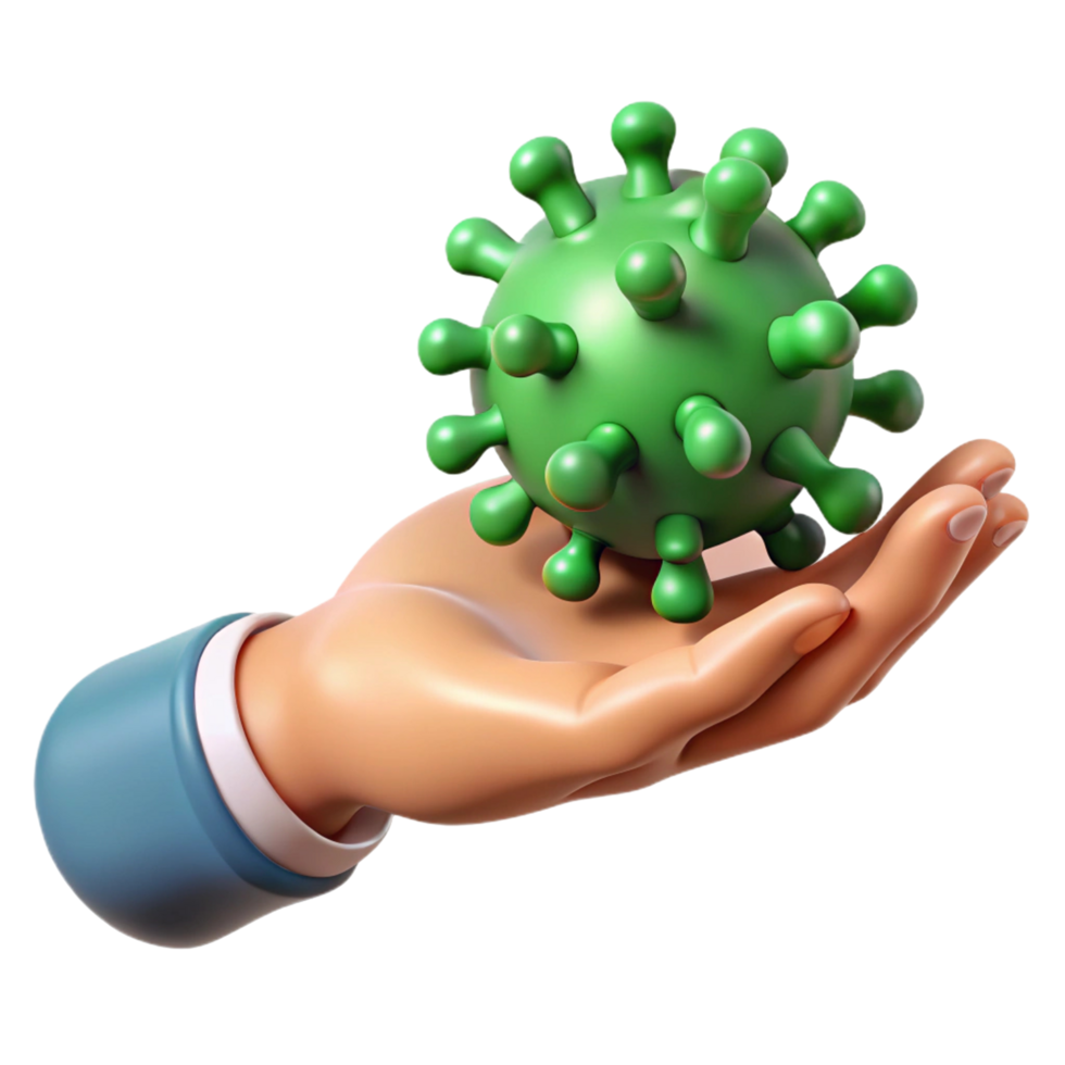 3D Render of a Hand Holding a Green Virus Model png
