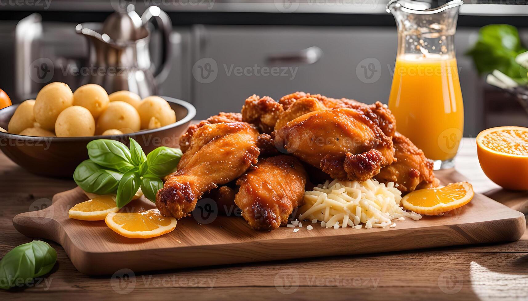 Crispy Fried Chicken with Orange Slices and Grated Cheese photo