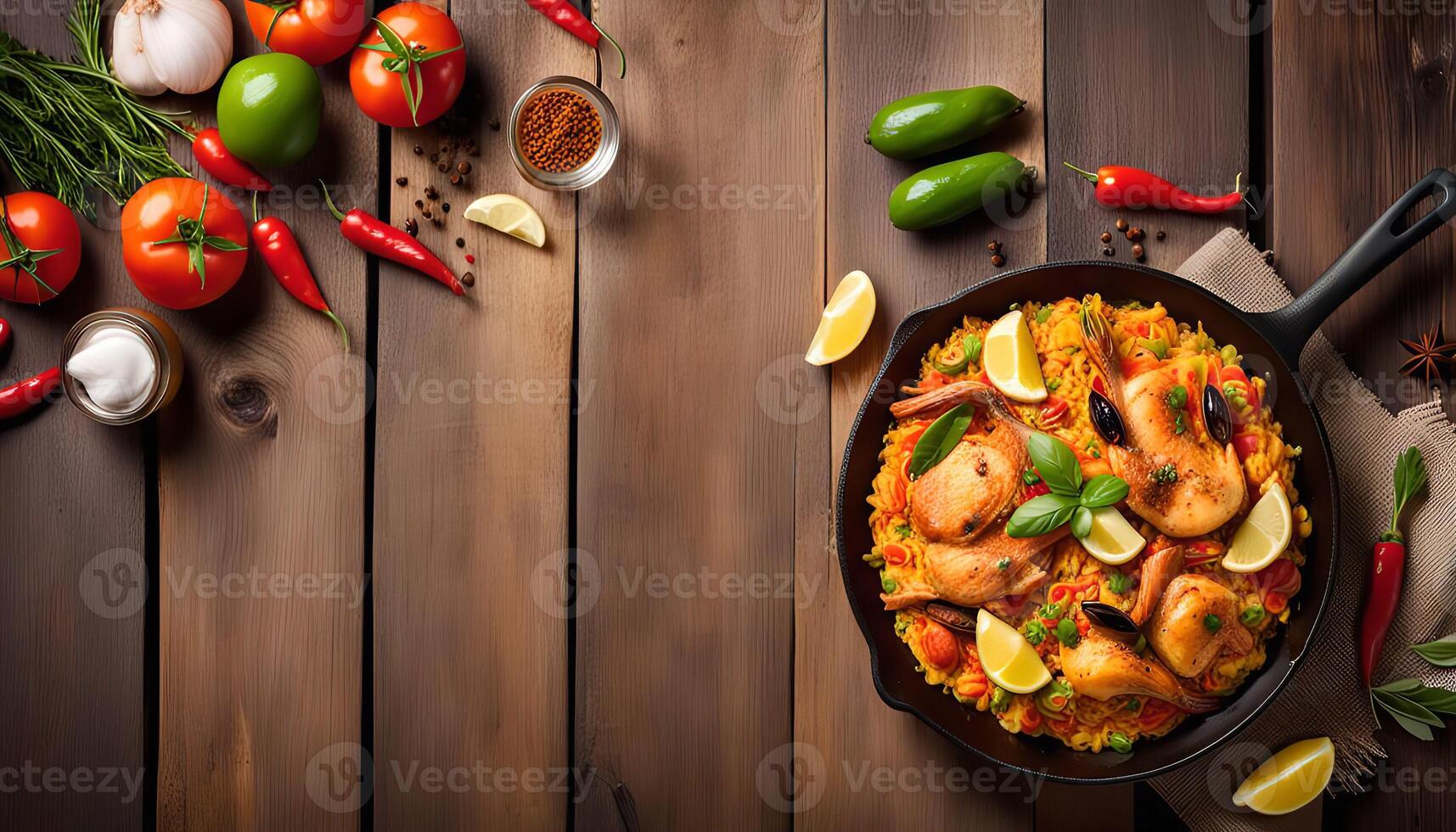 Delicious Paella with Seafood, Vegetables, and Spices photo