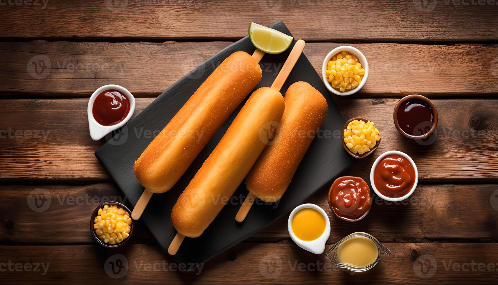 Three Corn Dogs on a Black Plate with Dipping Sauces and Corn Kernels photo