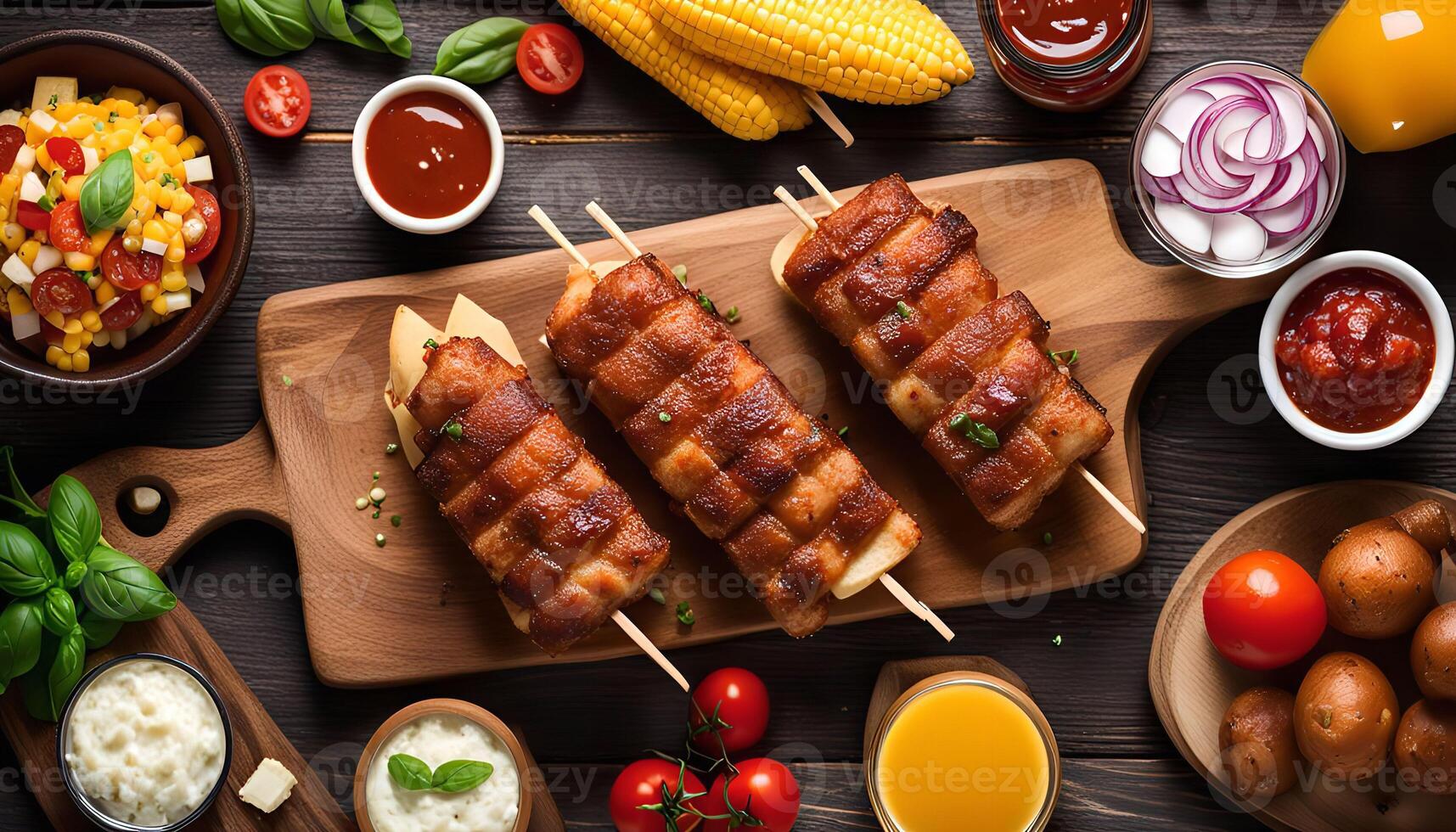 Delicious Bacon-Wrapped Corn Dogs with Side Dishes photo