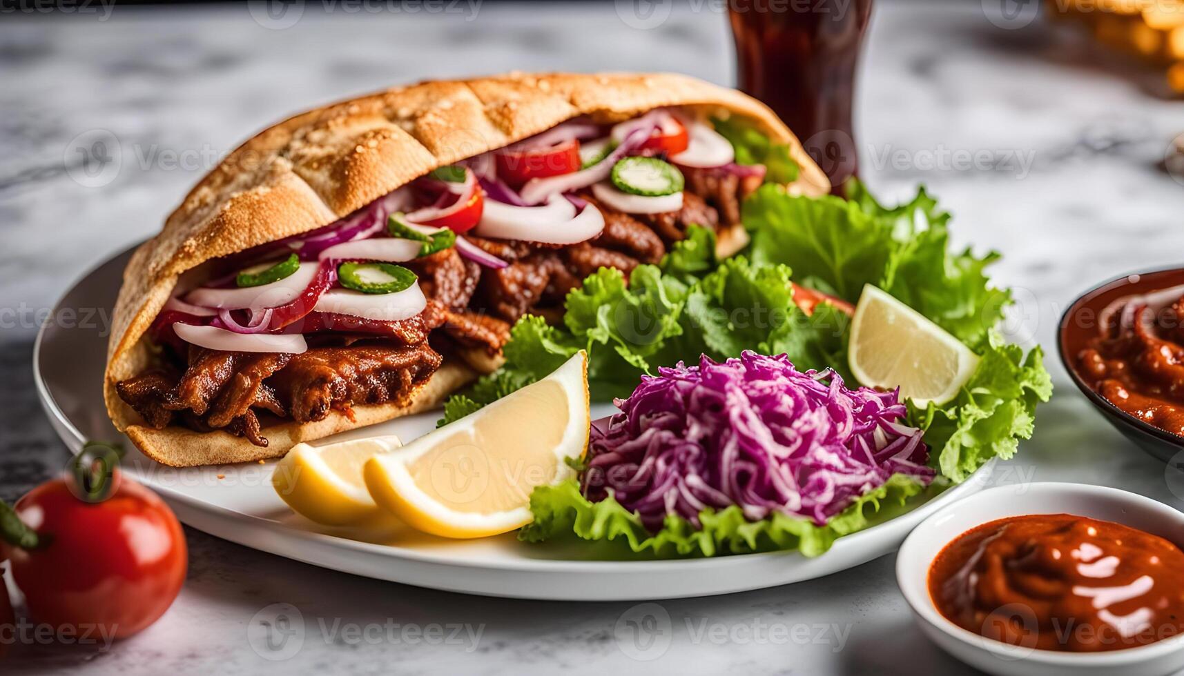 Delicious Turkish Doner Kebab Sandwich with Side Salad and Sauce photo
