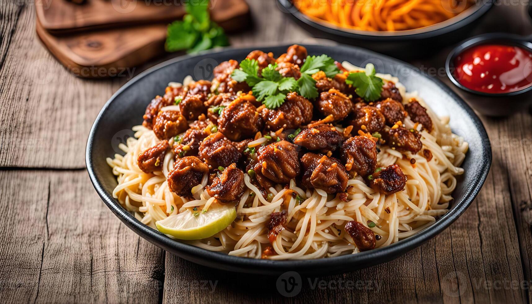 Delicious Asian Noodles with Meat and Sauce photo