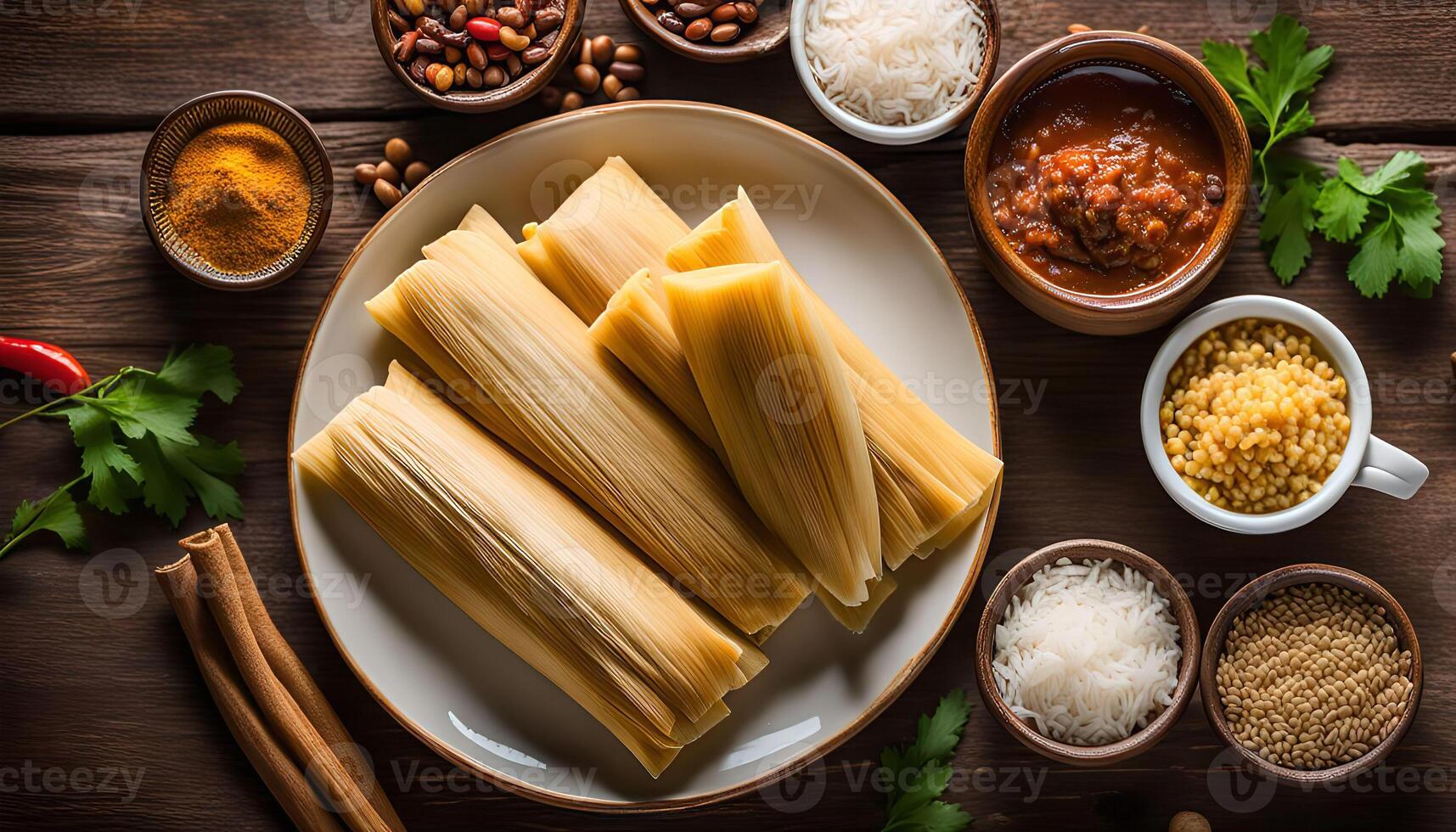 Tamales on a Wooden Tabletop with Various Ingredients photo