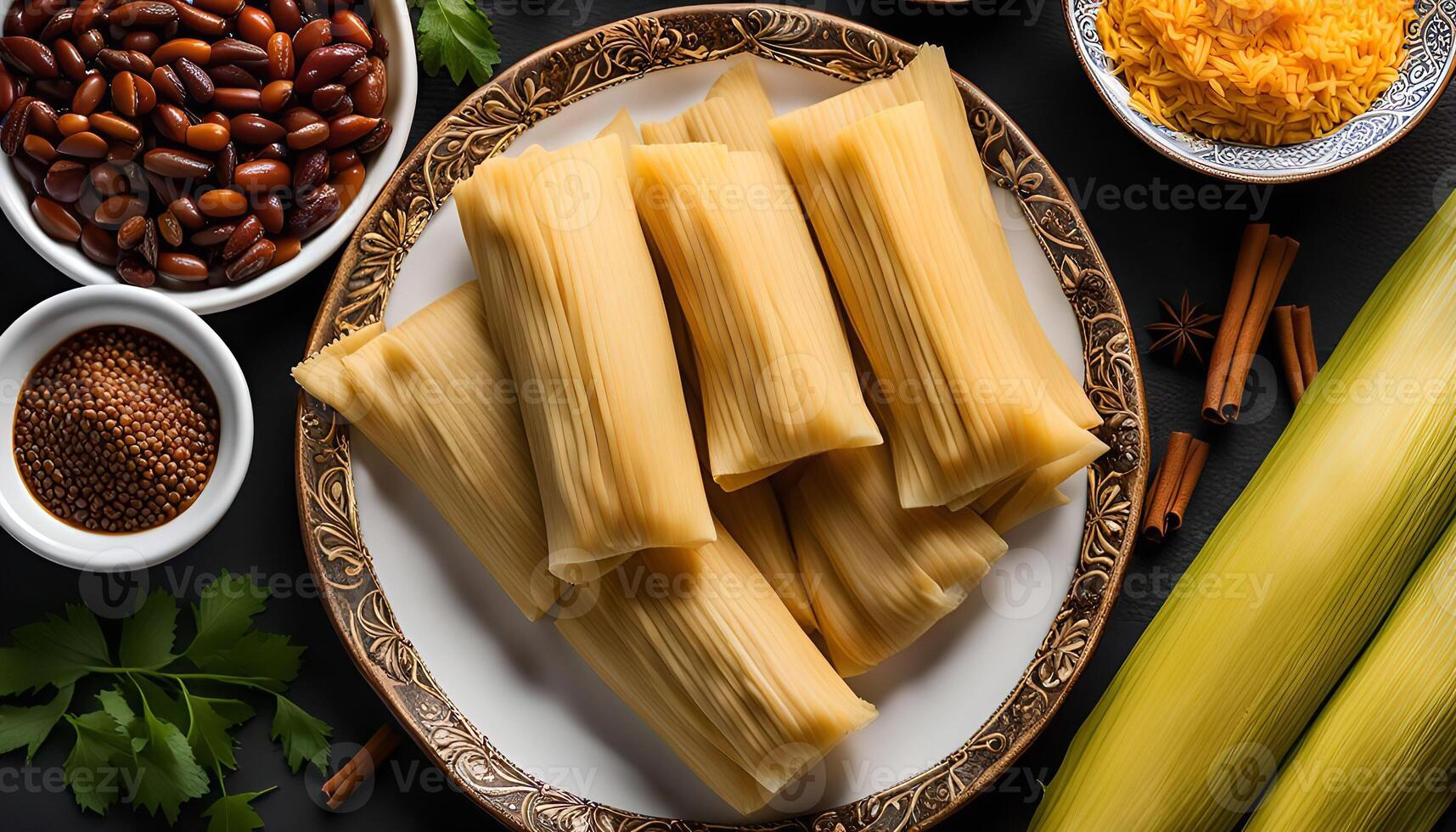 Tamales, a Mexican dish, are prepared with corn husks and filled with various fillings. photo
