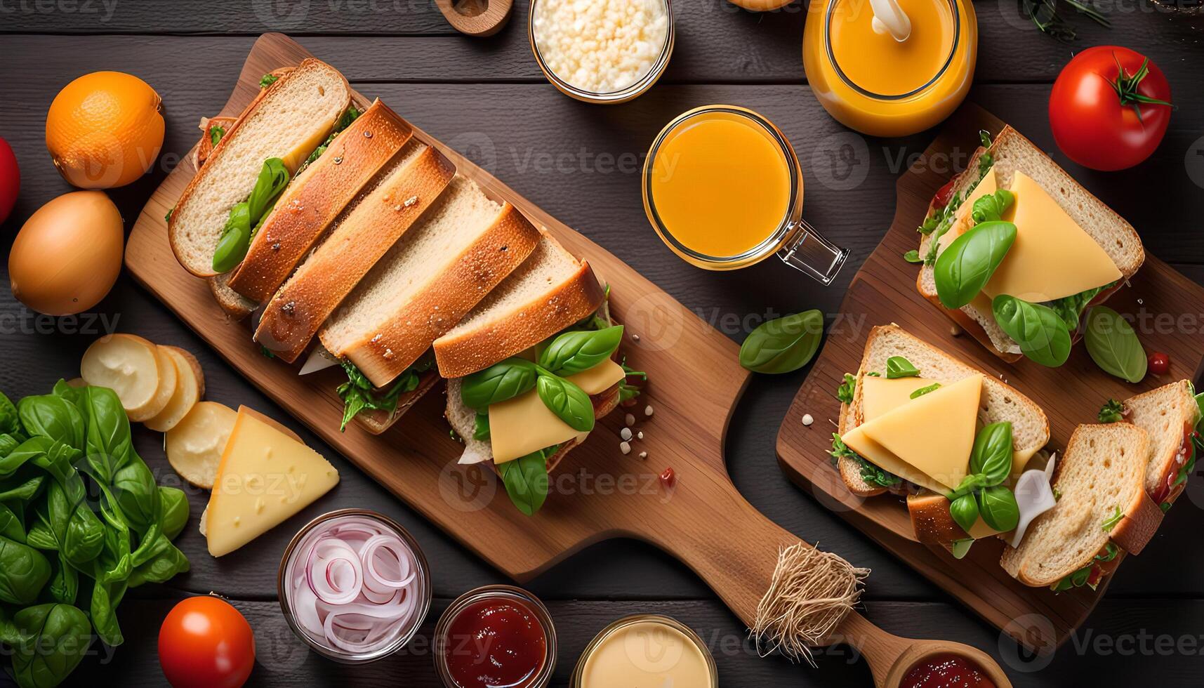 Delicious Sandwiches with Cheese, Basil and Fresh Ingredients photo