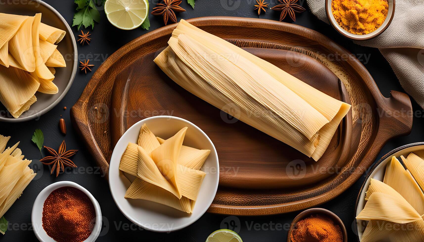 Corn Husks on a Wooden Tray photo