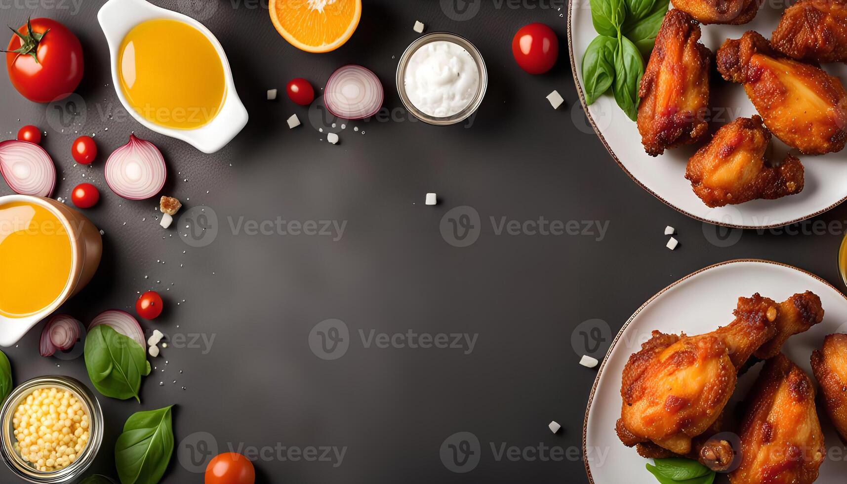 Chicken wings with dipping sauces and fresh vegetables, a delicious meal for a family gathering photo