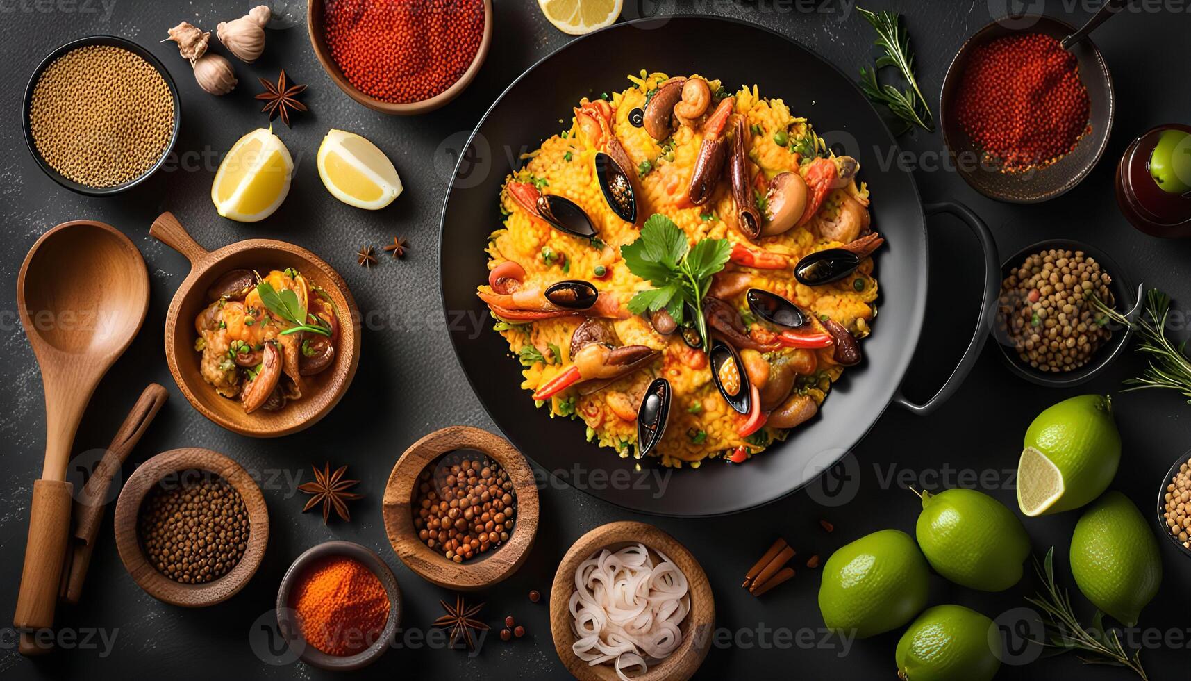 Aromatic Seafood Paella with Spices and Herbs photo