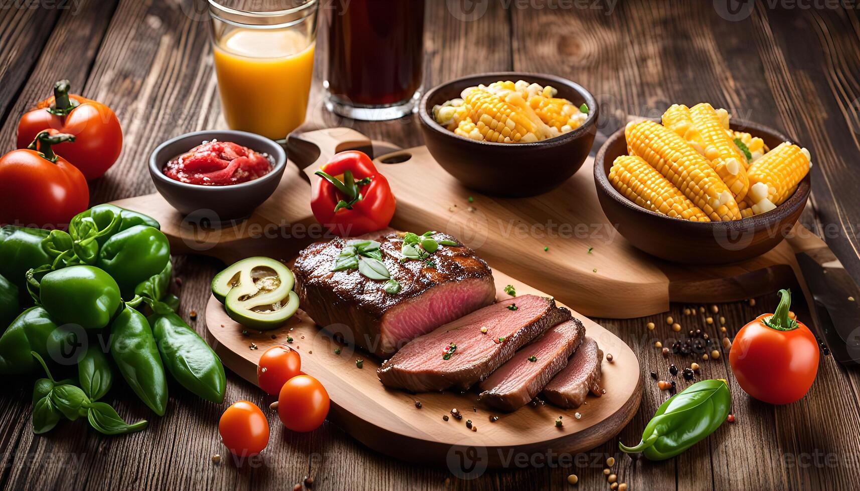 Grilled Steak with Corn on the Cob and Fresh Vegetables photo