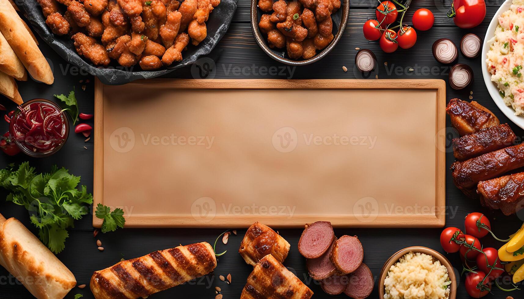 Appetizing Food Arrangement with Wooden Board photo