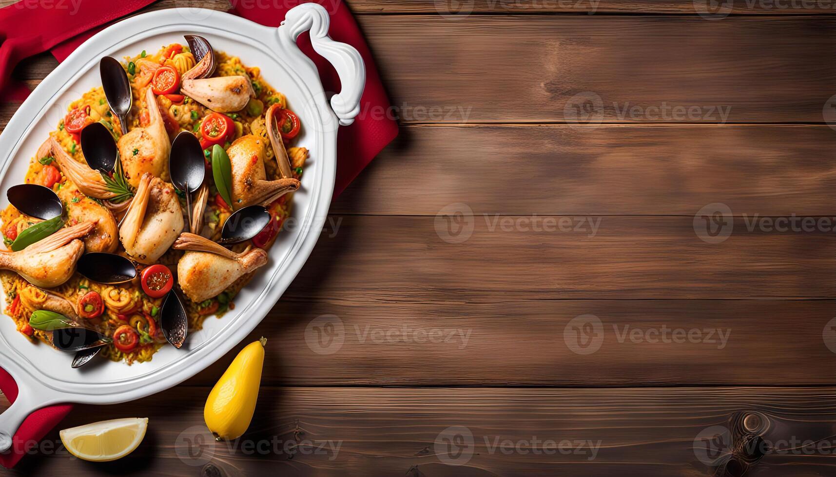 Delicious Seafood Paella in a White Oval Dish photo