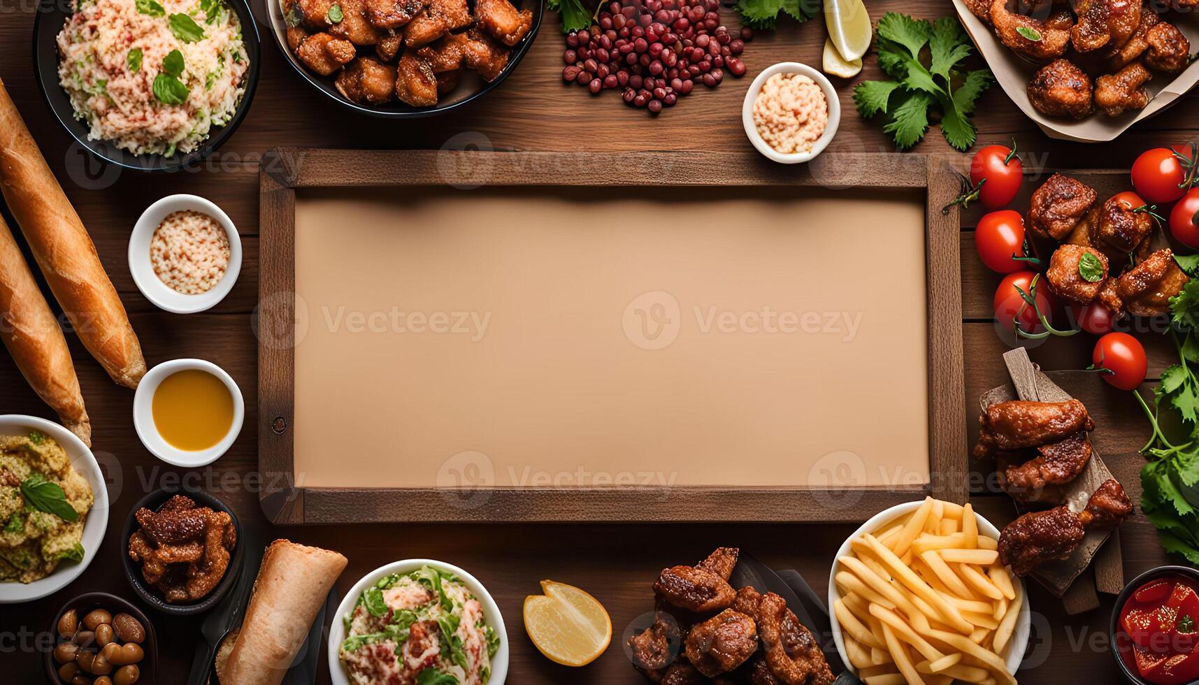 Food Flat Lay with Wooden Frame photo