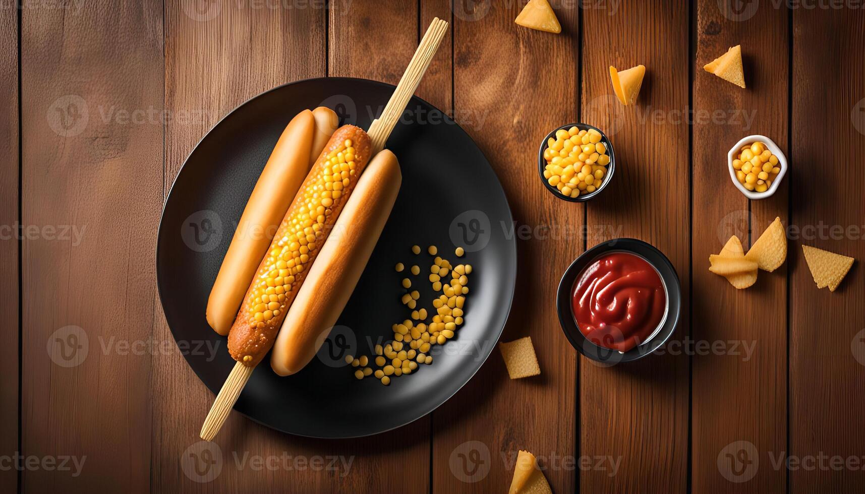 Corn Dog and Ketchup on a Wooden Table photo