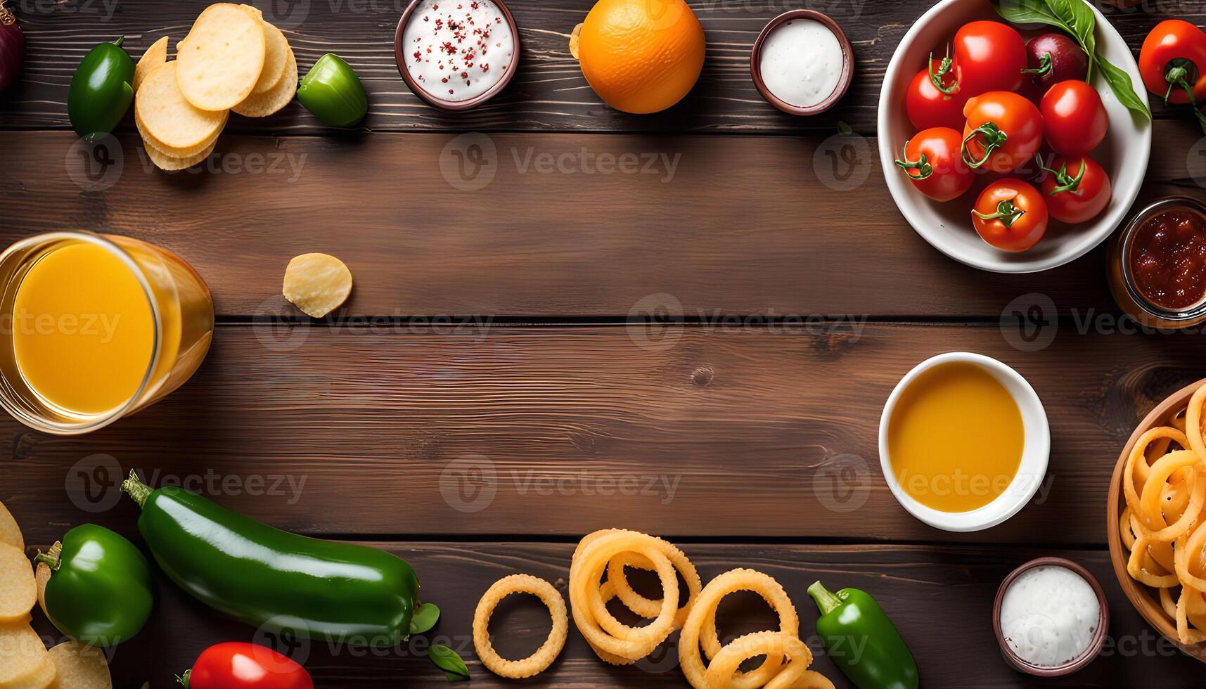 Delicious Food Arrangement on Wooden Background photo