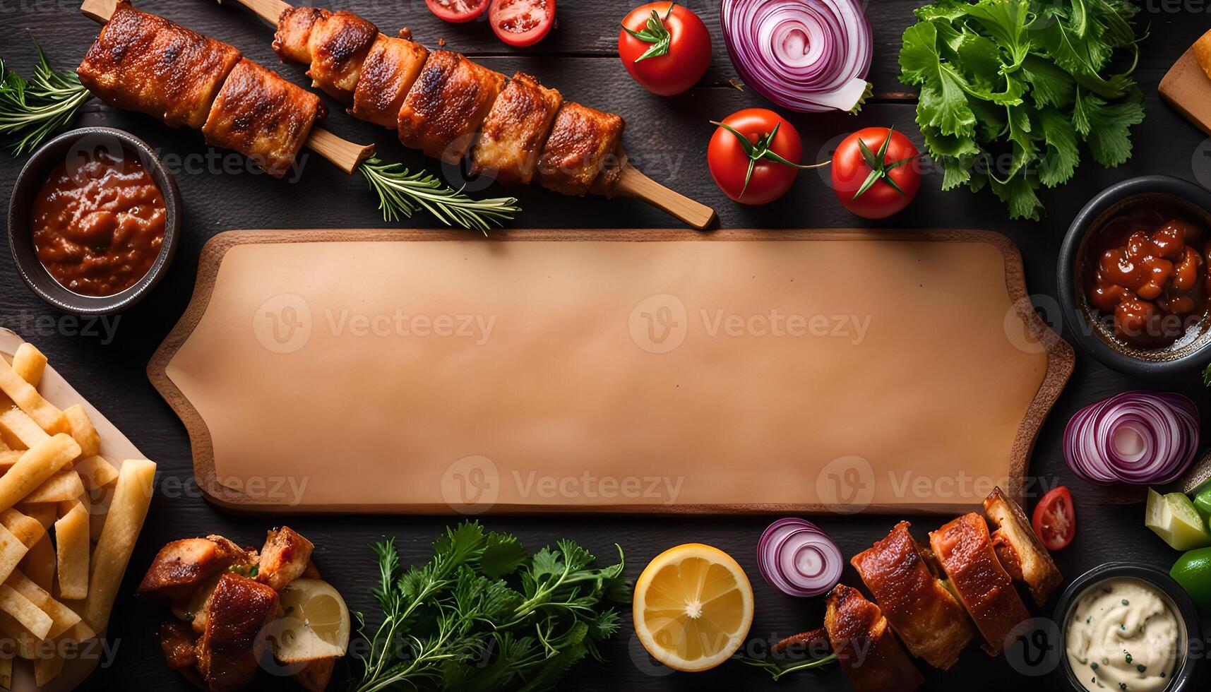 Delicious Food Arrangement with Wooden Board photo
