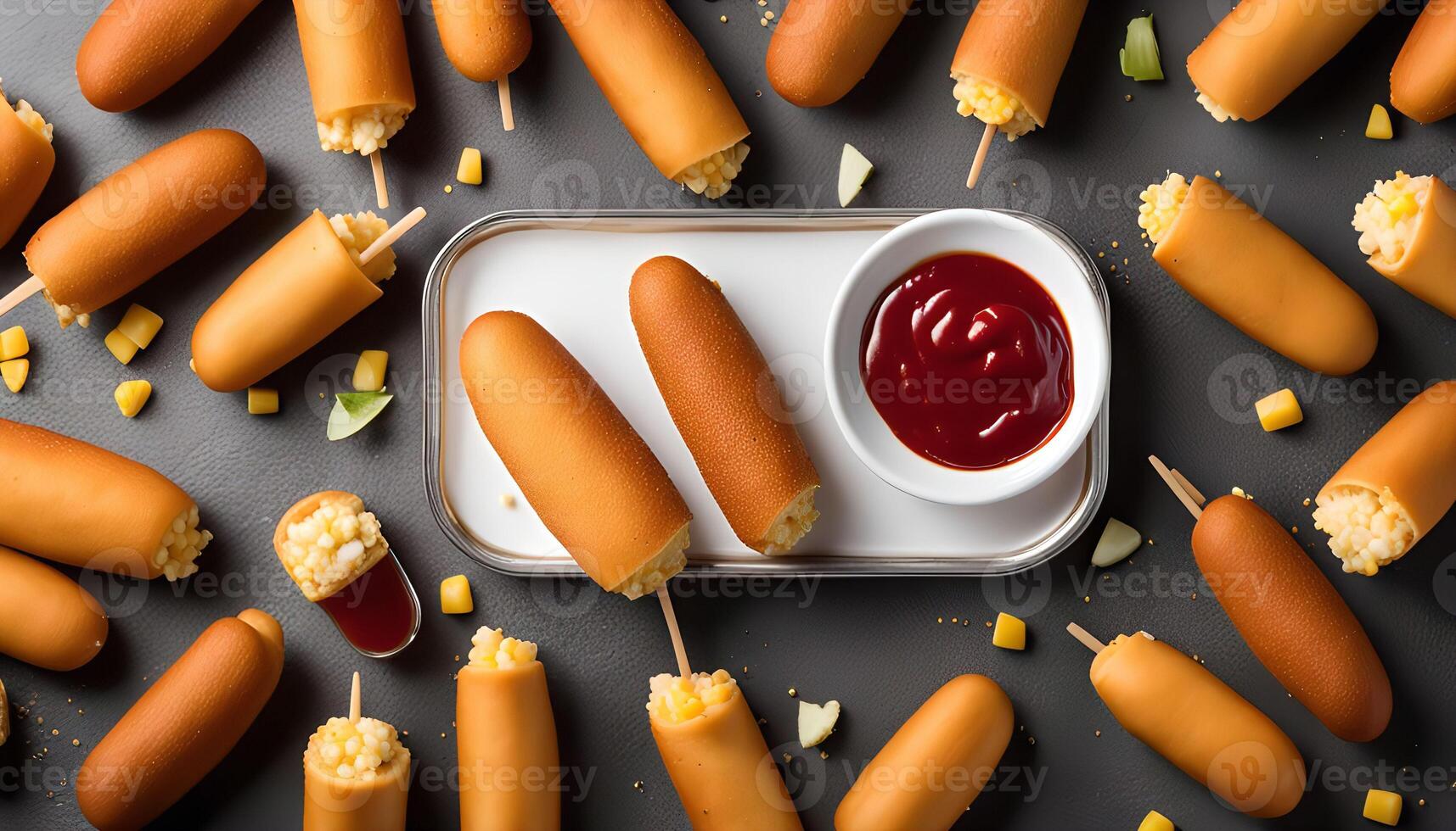A Delicious Spread of Corn Dogs with Ketchup photo
