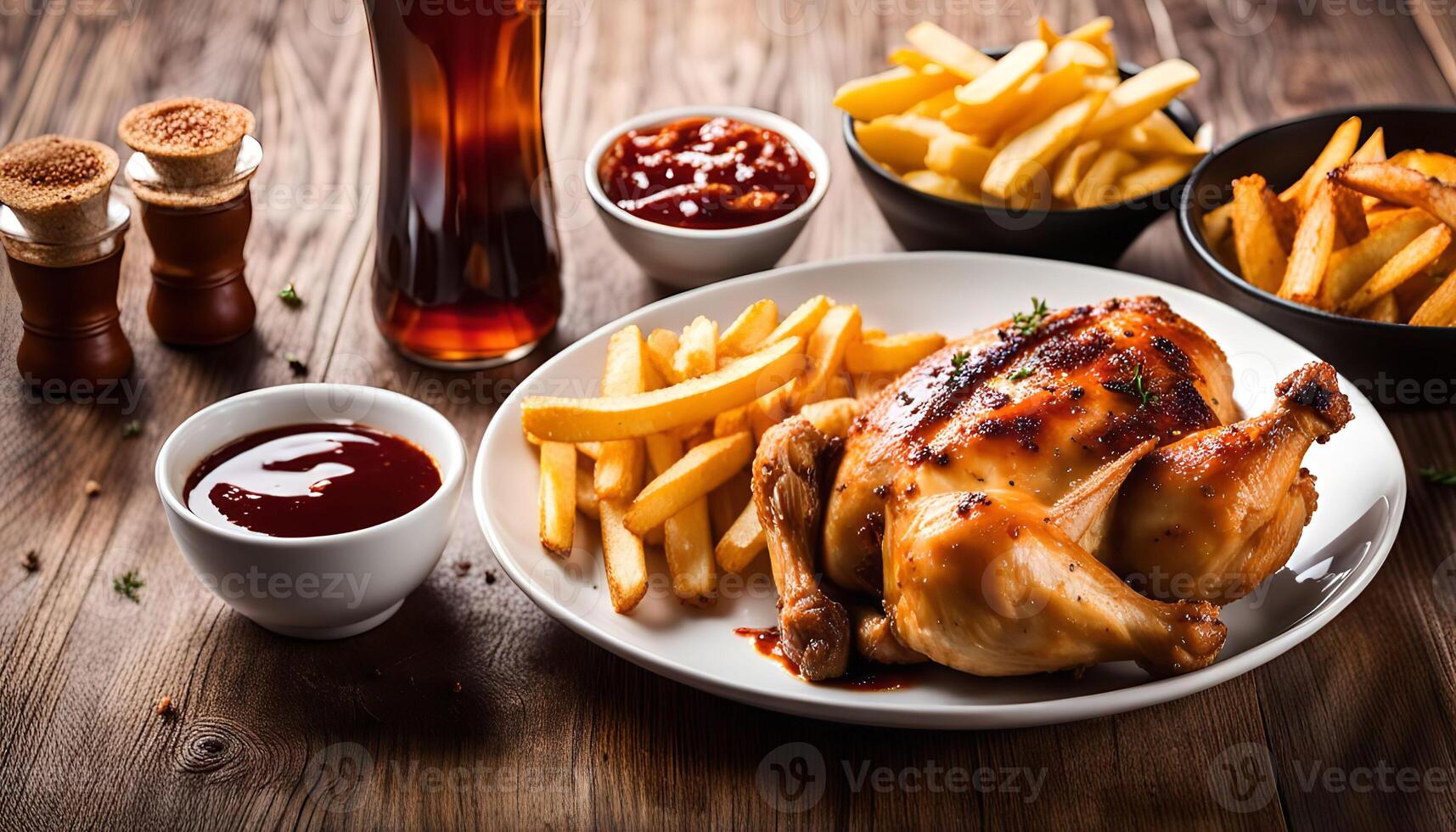 Roasted Chicken with French Fries and Sauce photo