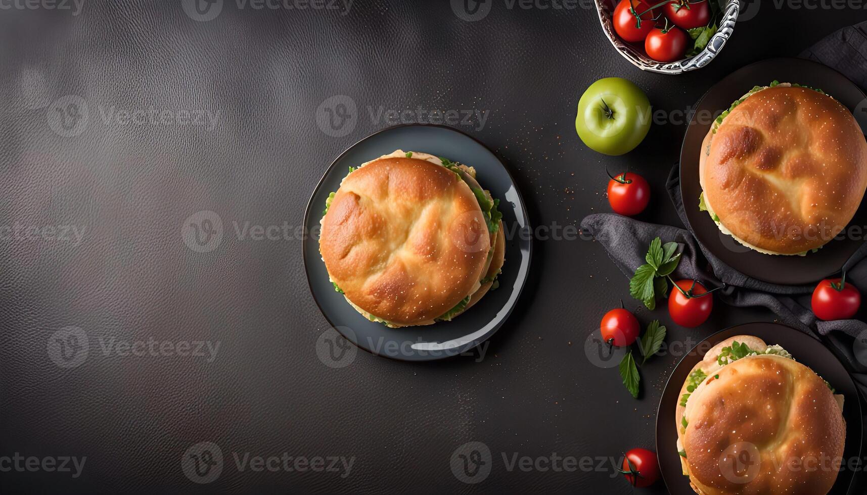 Three Sandwiches on Plates with Green Apple and Tomatoes on a Dark Background photo
