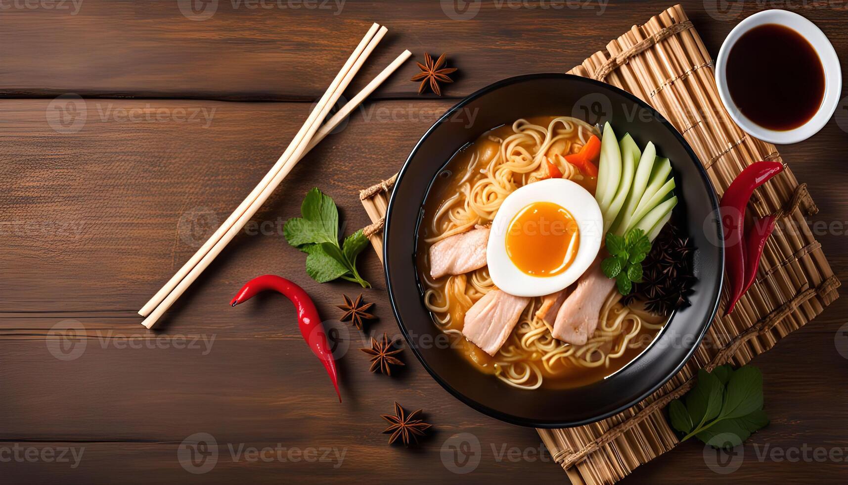 A Bowl of Ramen Noodles with Egg, Fish, and Vegetables on a Wooden Background photo