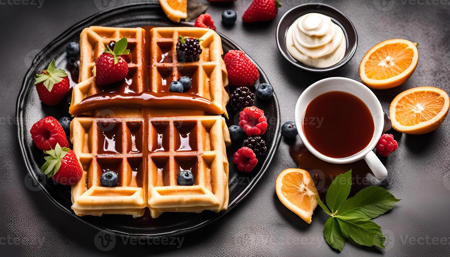 Delicious Waffles with Berries and Chocolate Sauce photo