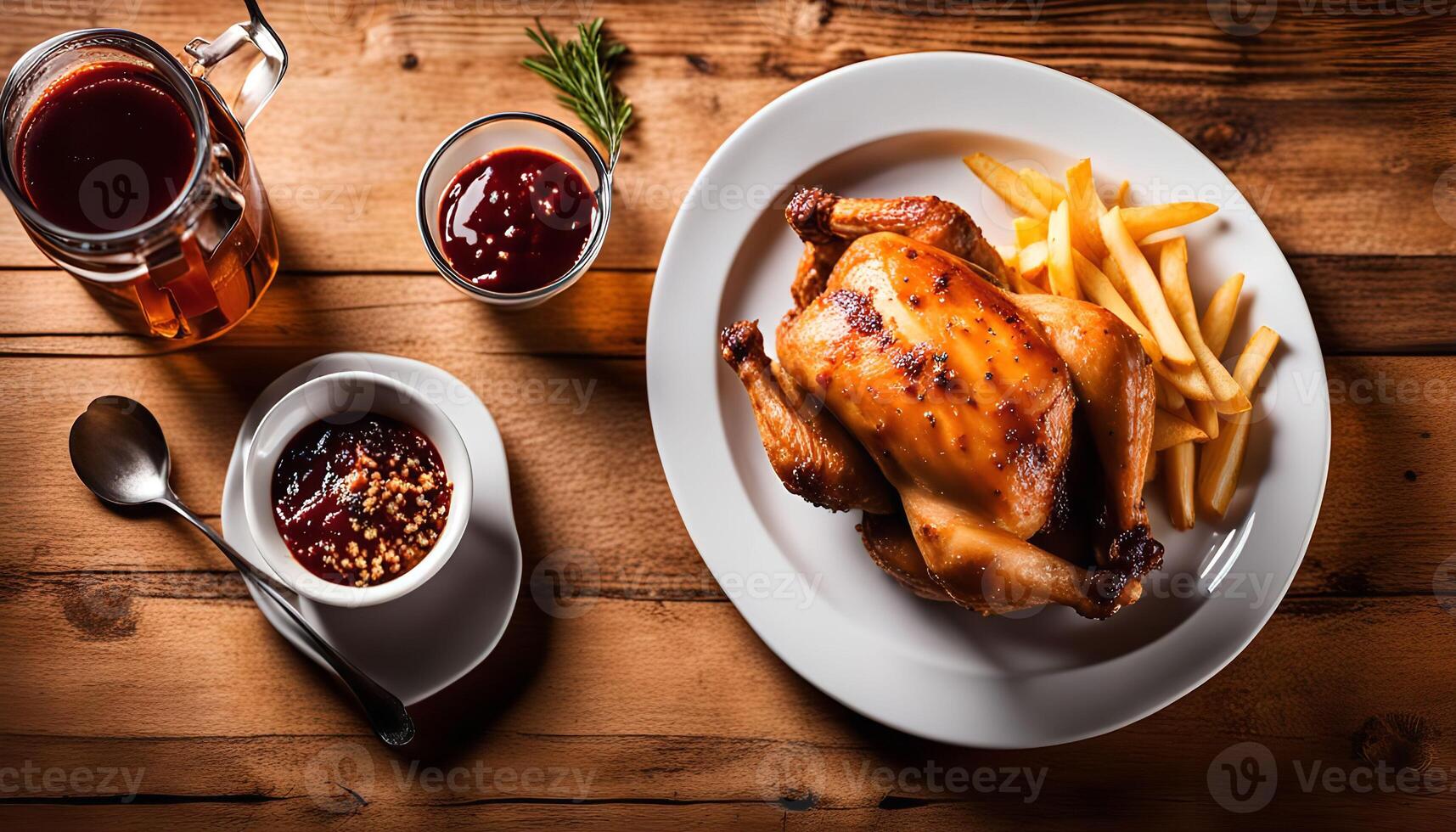 Roasted Chicken with French Fries and Sauce photo
