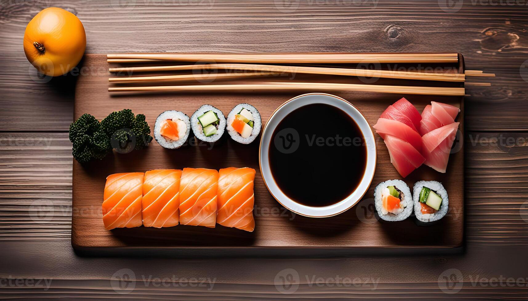 Sushi Platter with Salmon, Tuna, and Soy Sauce photo