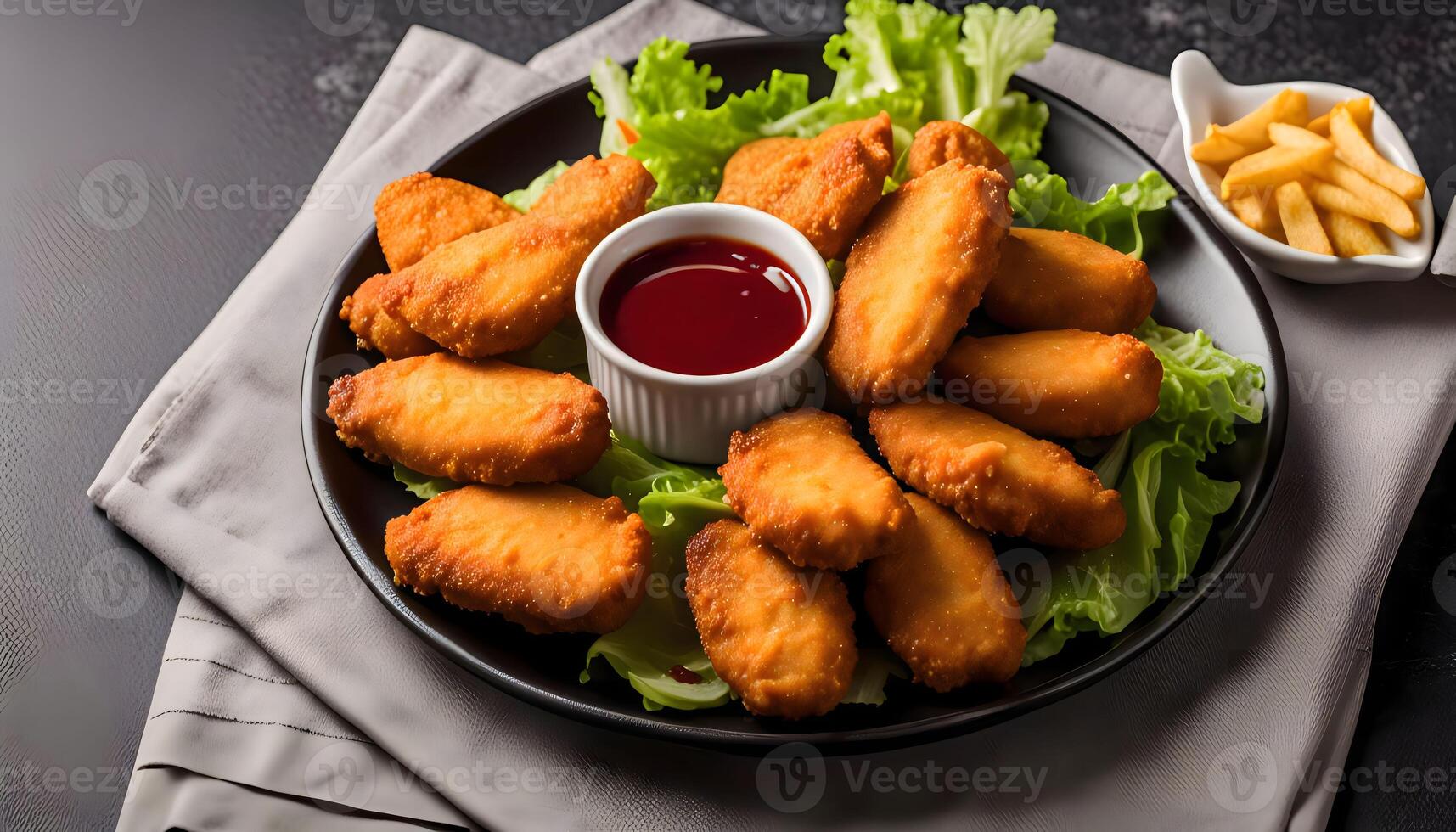 Crispy Chicken Nuggets with Lettuce, French Fries, and Ketchup photo