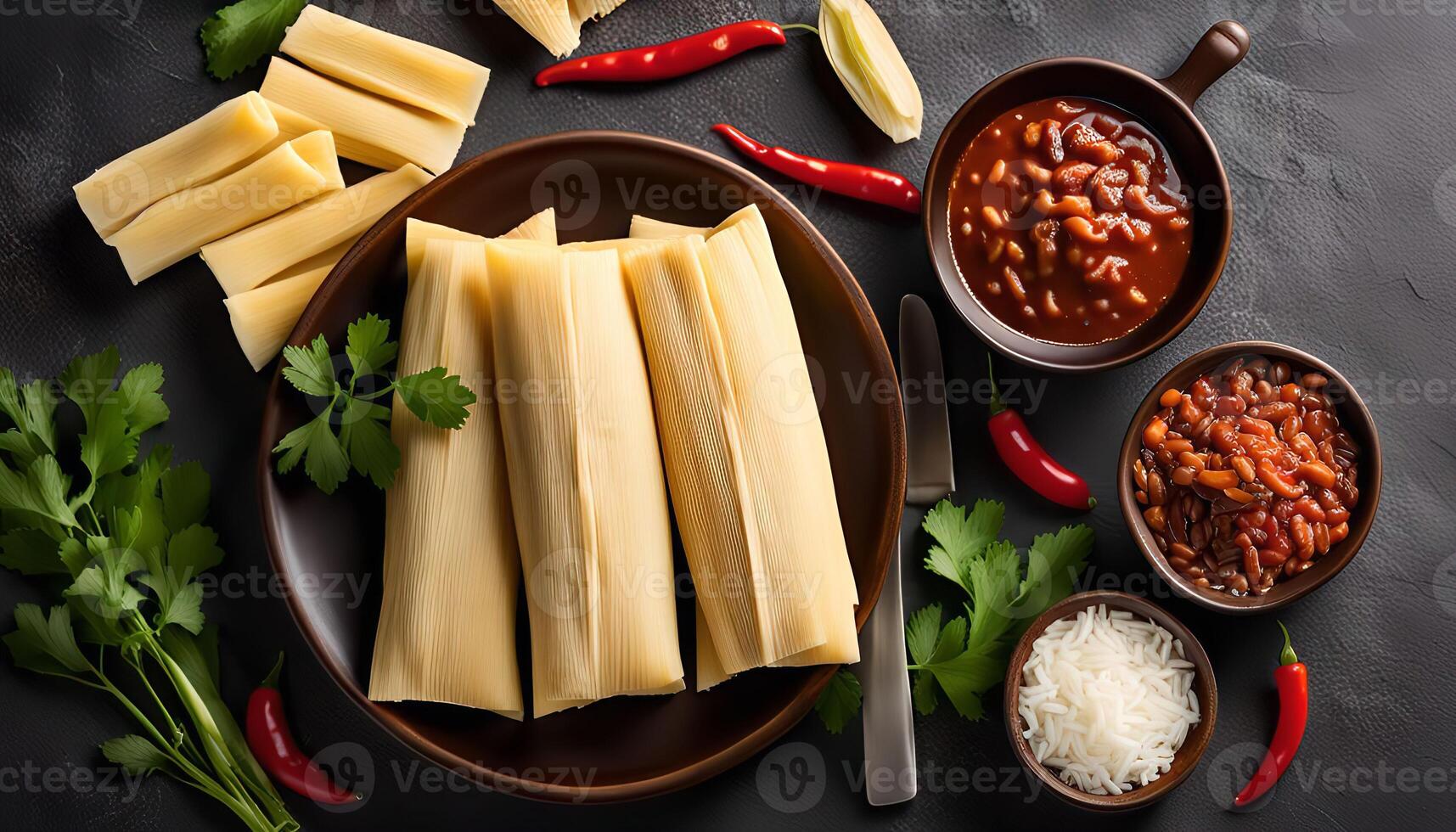 Traditional Tamales Preparation with Corn Husks, Chili Peppers, and Beans photo