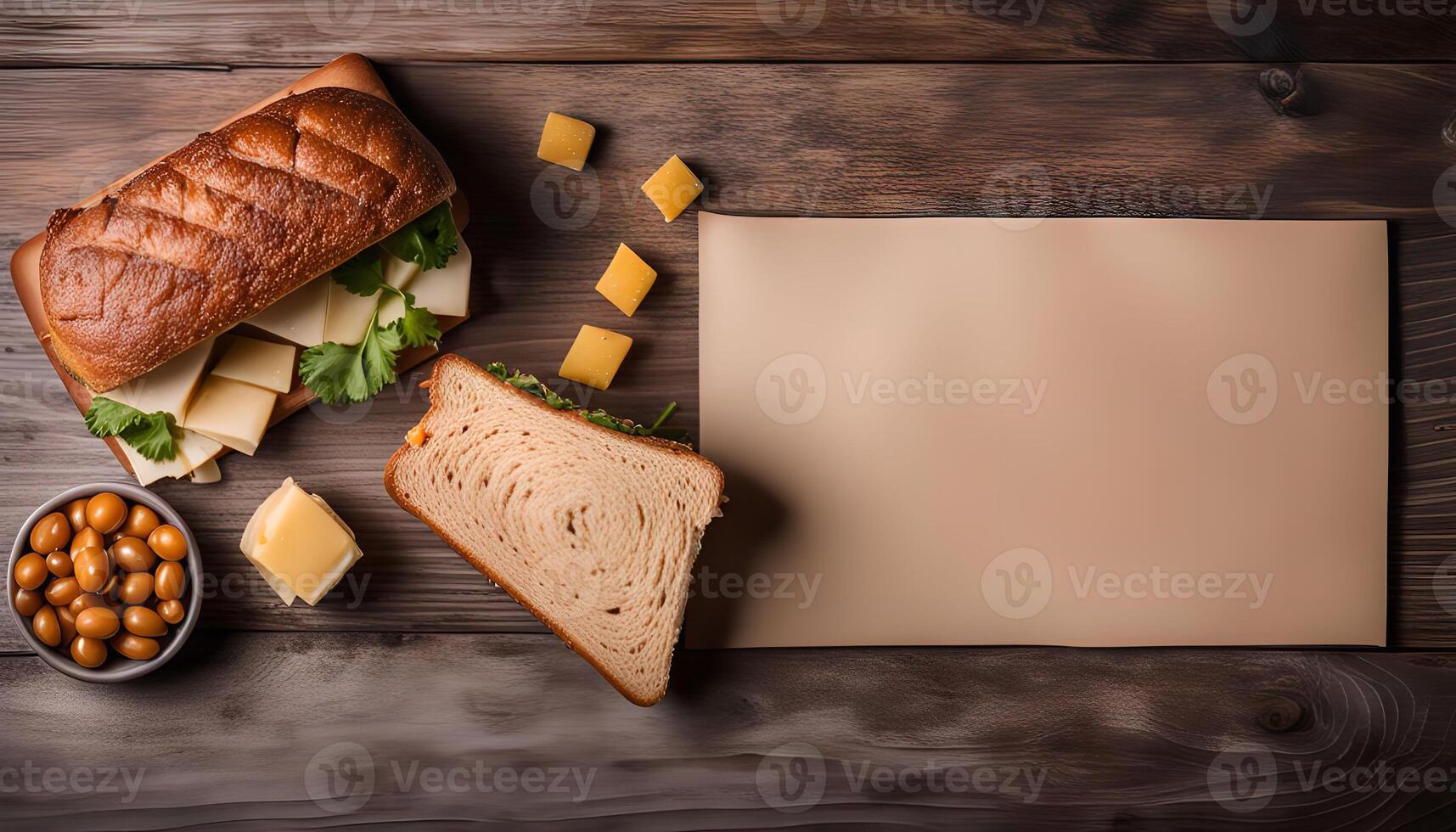 Delicious Sandwich with Cheese and Lettuce on Rustic Wooden Background photo