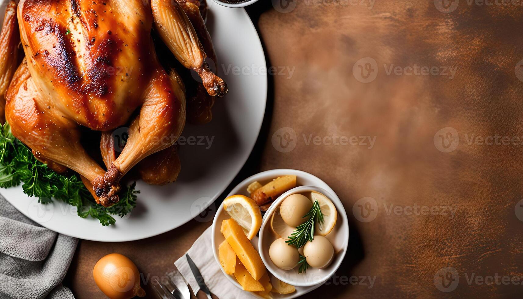 Roasted Chicken on Rustic Table photo