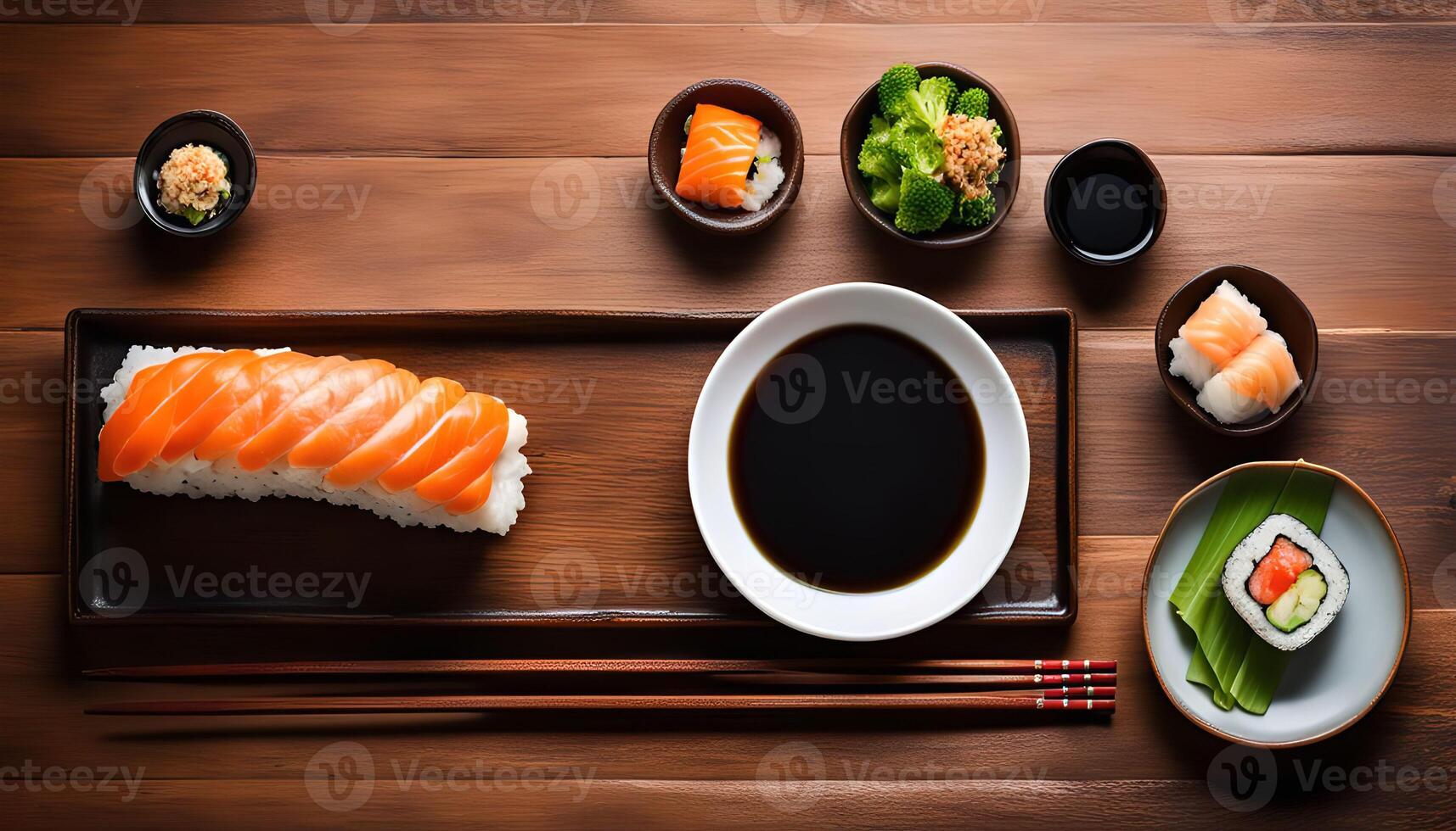 Salmon Sushi Set with Soy Sauce and Chopsticks photo