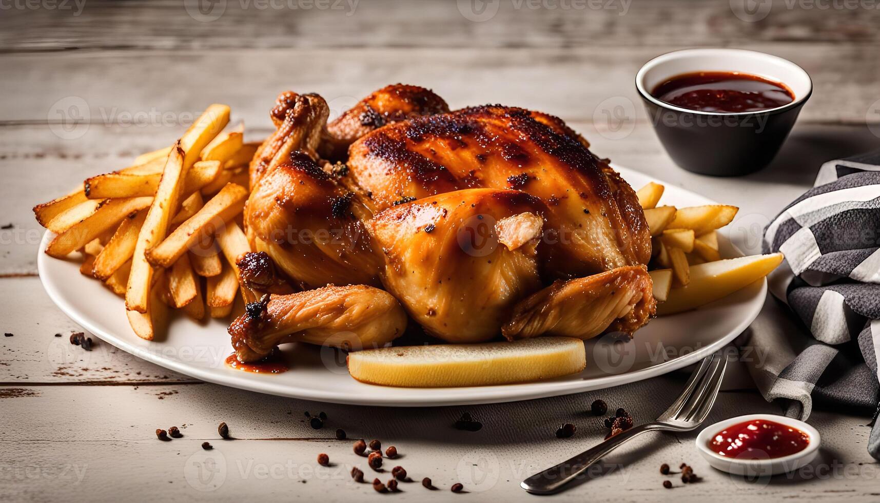 Roasted Chicken with French Fries and Sauce photo