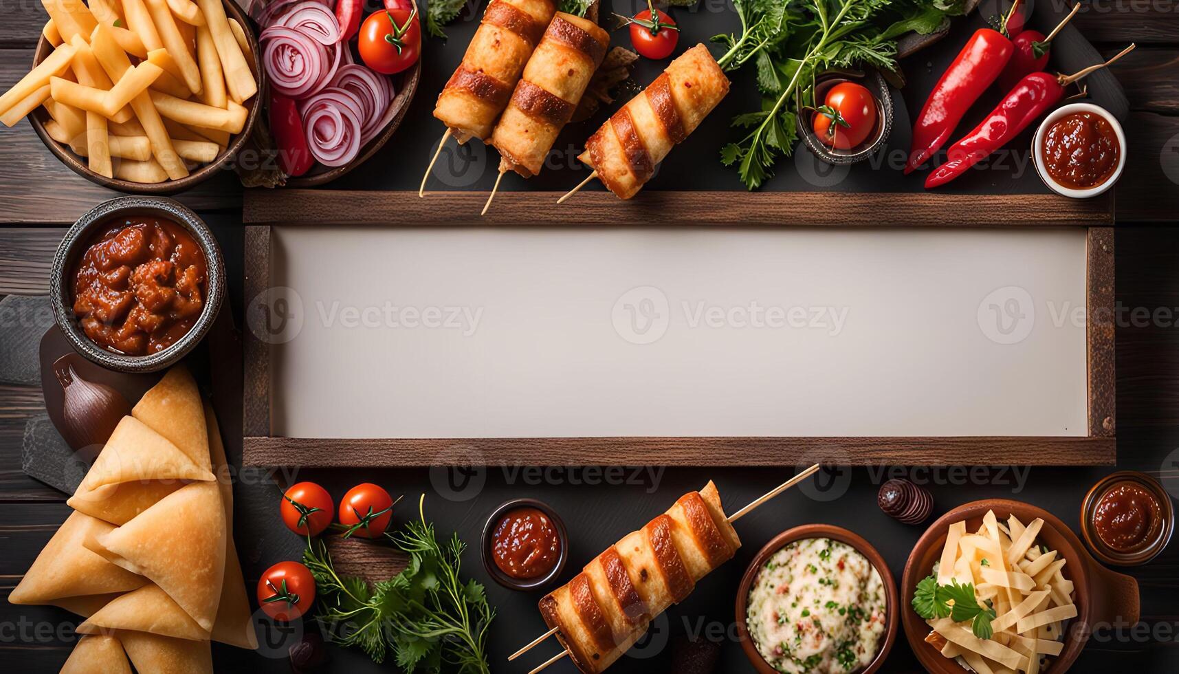 Delicious Food Arrangement with a Whiteboard for a Restaurant Menu photo